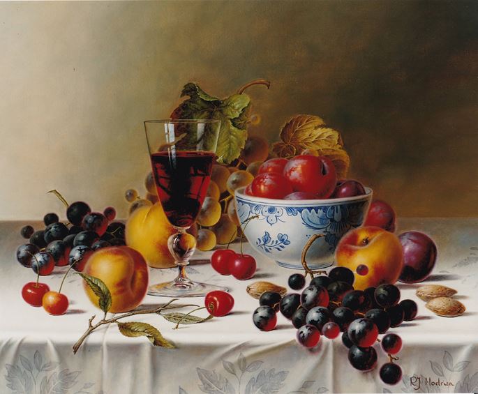 Roy Hodrien - Still Life with Red Wine and Fruit on a Tablecloth | MasterArt